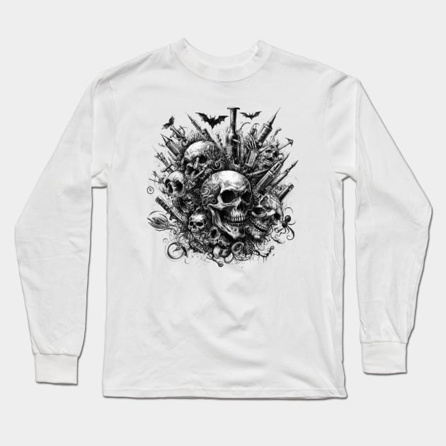 Moonlit Mysteries: Halloween Etchings Long Sleeve T-Shirt by AmazinfArt